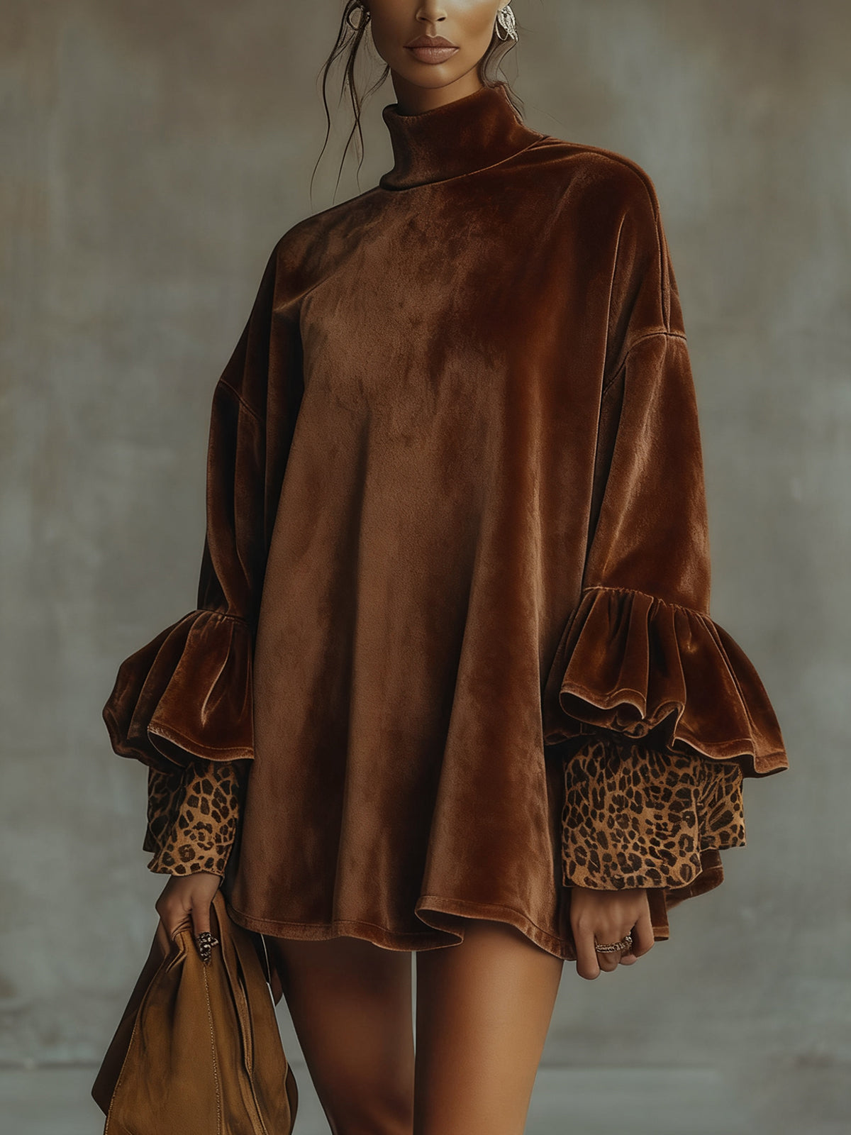 VIBELARA | VESTIDO DE TERCIOPELO EVASÉ CON MANGAS DE LEOPARDO