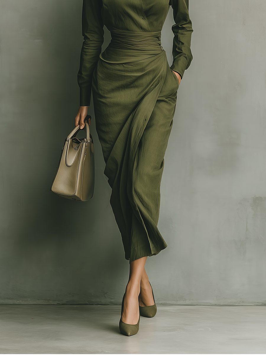 VIBELARA | VESTIDO CRUZADO SATINADO CON CINTURÓN
