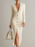 VIBELARA | VESTIDO MIDI DE LUJO DE PUNTO ACANALADO CON BOTONES