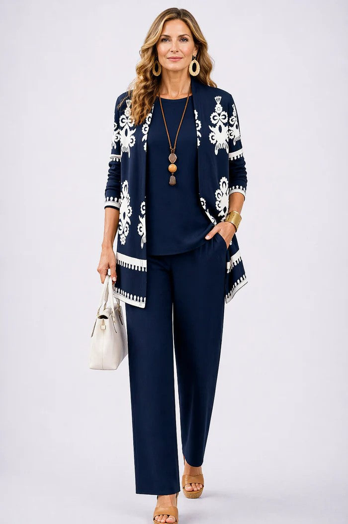 Conjunto de tres piezas con cárdigan largo