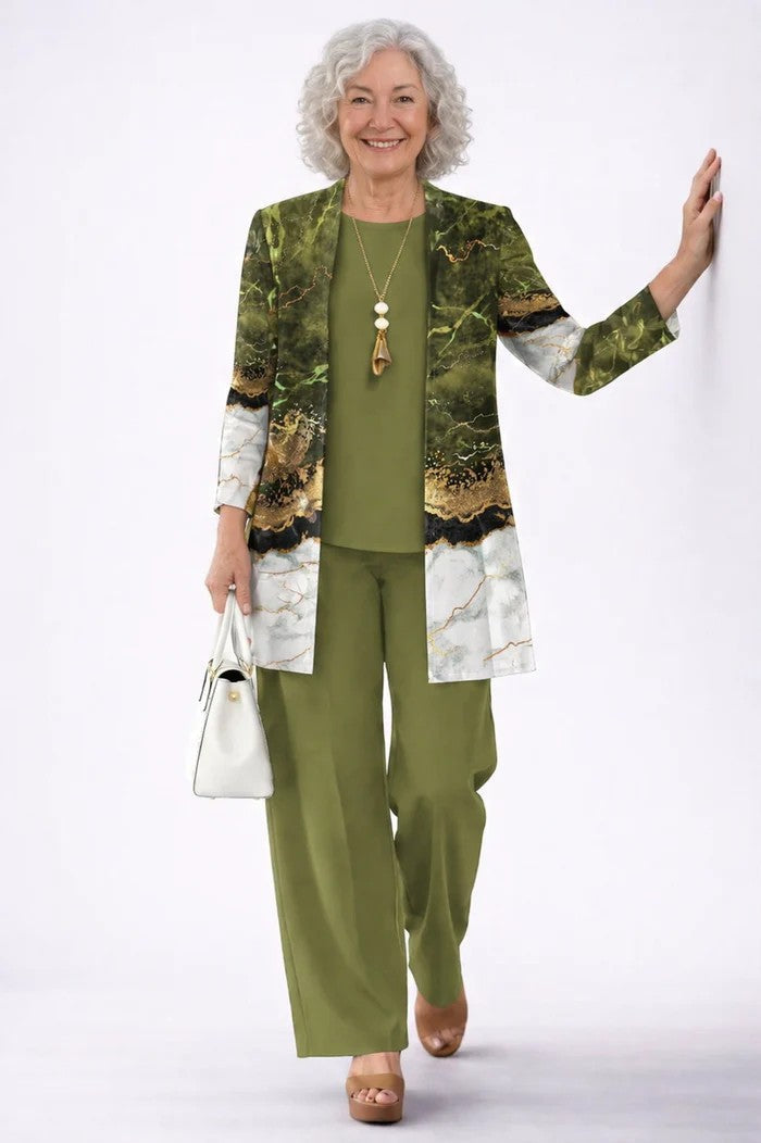 Conjunto de tres piezas con cárdigan largo