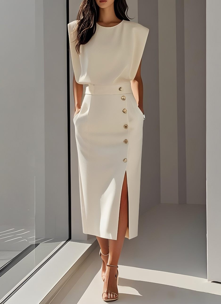 VIBELARA | VESTIDO MIDI AJUSTADO CON BOTONES DORADOS