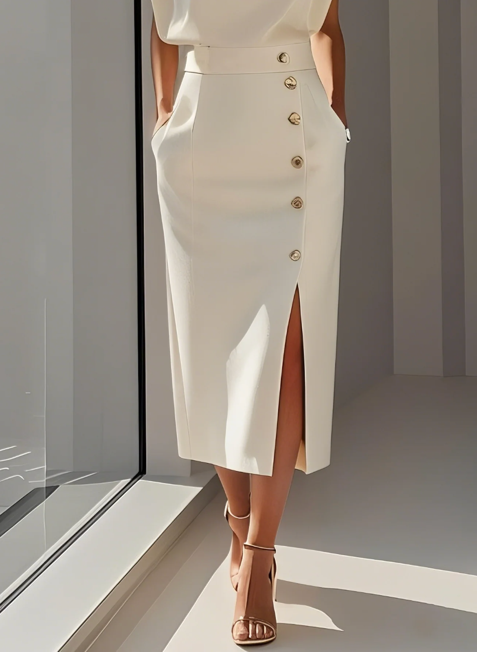 VIBELARA | VESTIDO MIDI AJUSTADO CON BOTONES DORADOS