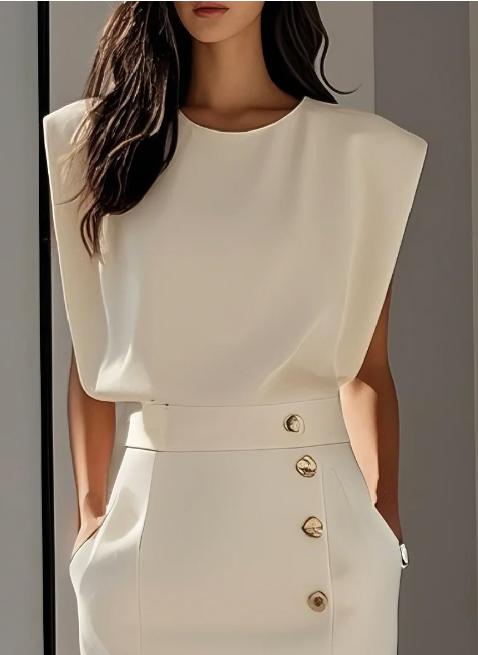 VIBELARA | VESTIDO MIDI AJUSTADO CON BOTONES DORADOS
