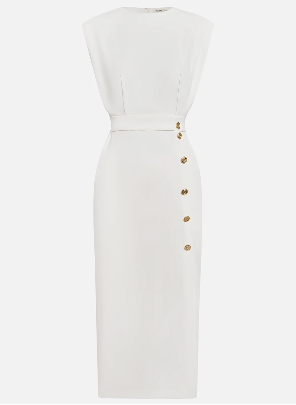 VIBELARA | VESTIDO MIDI AJUSTADO CON BOTONES DORADOS
