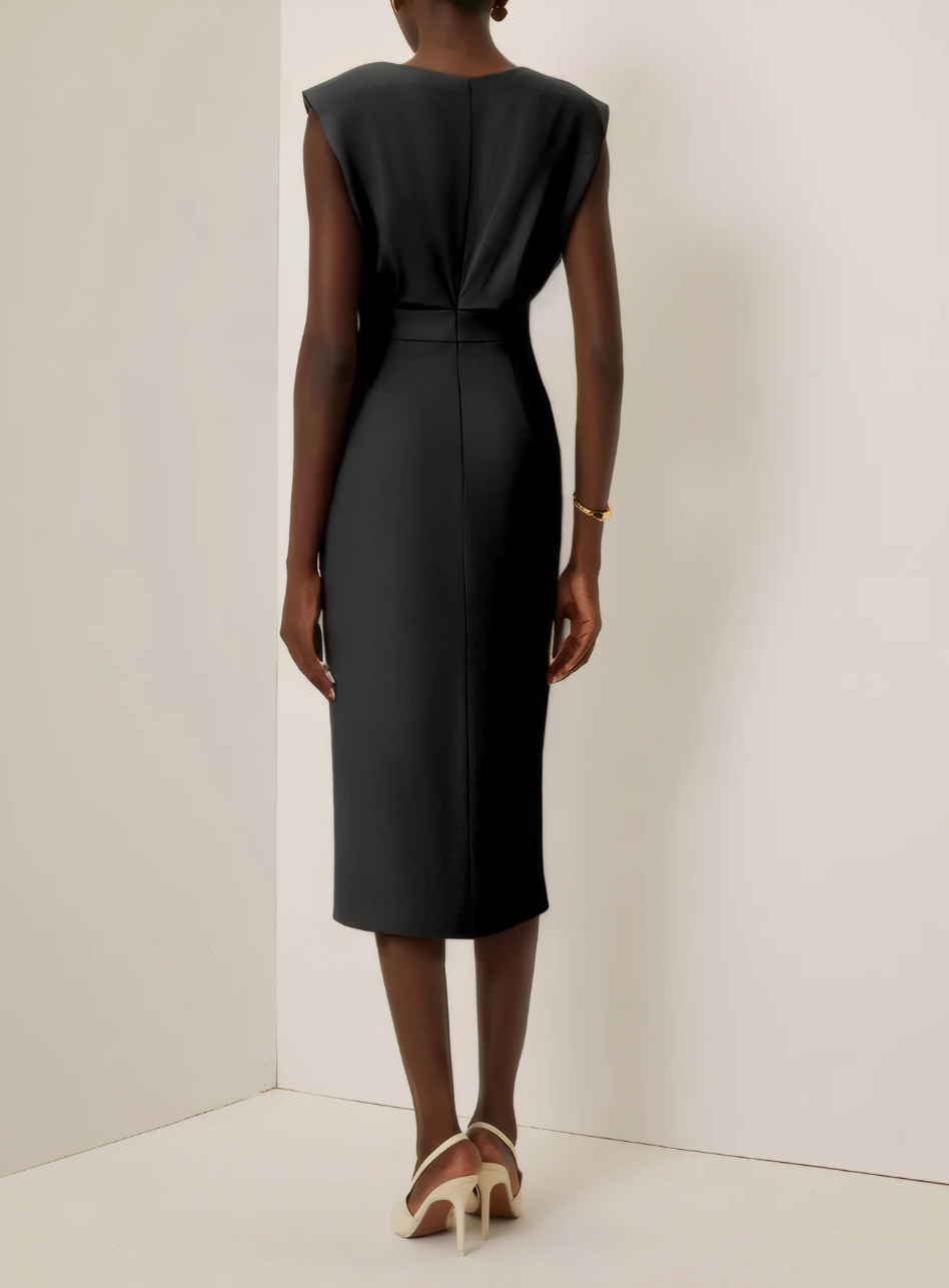 VIBELARA | VESTIDO MIDI AJUSTADO CON BOTONES DORADOS
