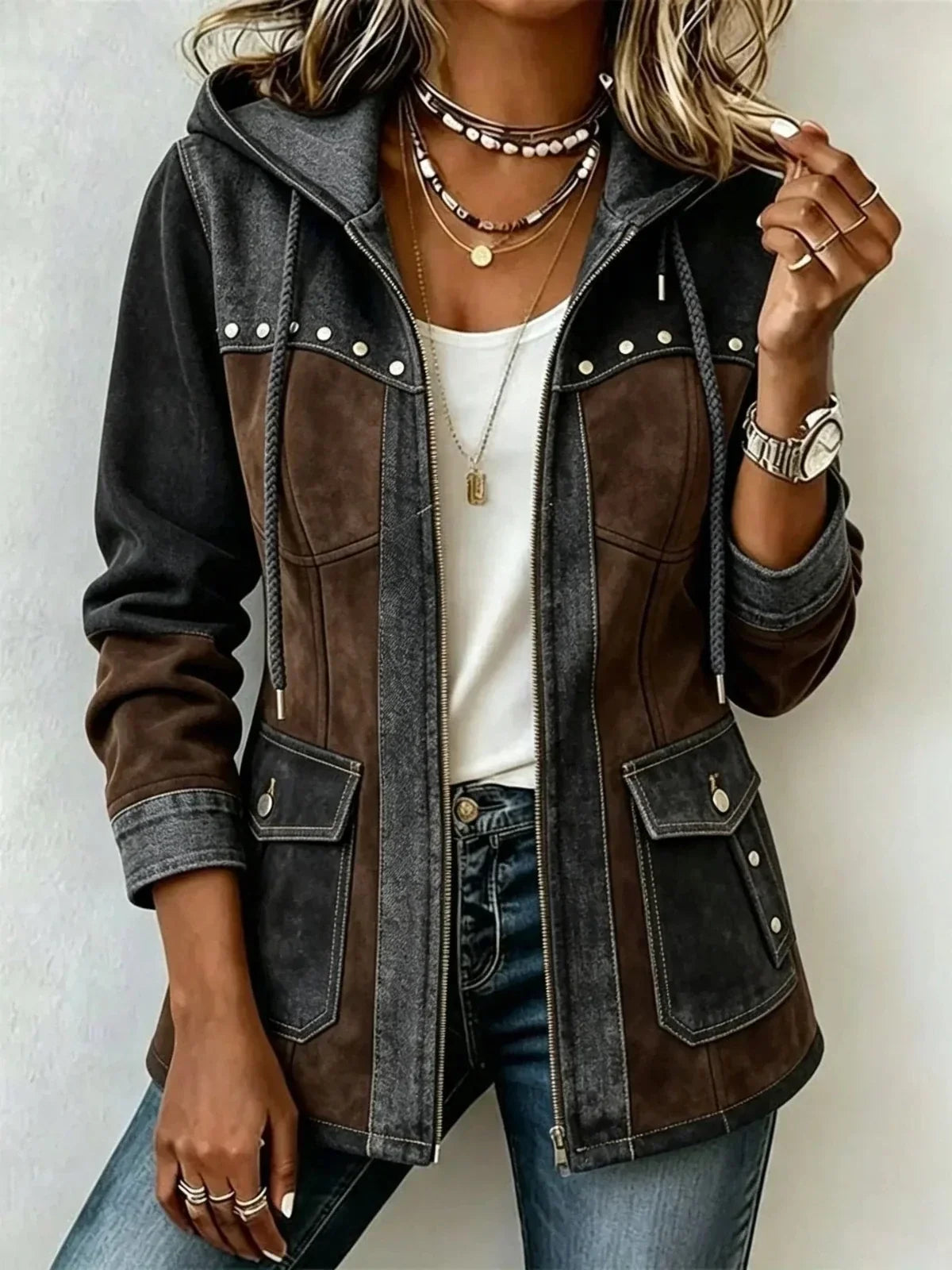 VIBELARA | CHAQUETA CON CAPUCHA DE DOBLE TEJIDO VÉRONIQUE