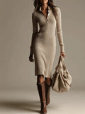 VIBELARA | VESTIDO JERSEY ACANALADO BEIGE