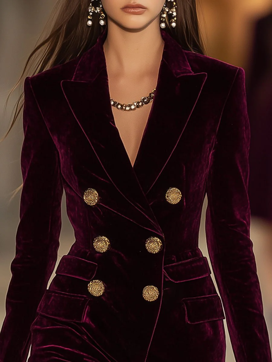 VIBELARA | VESTIDO BLAZER DE TERCIOPELO CON BOTONES DORADOS