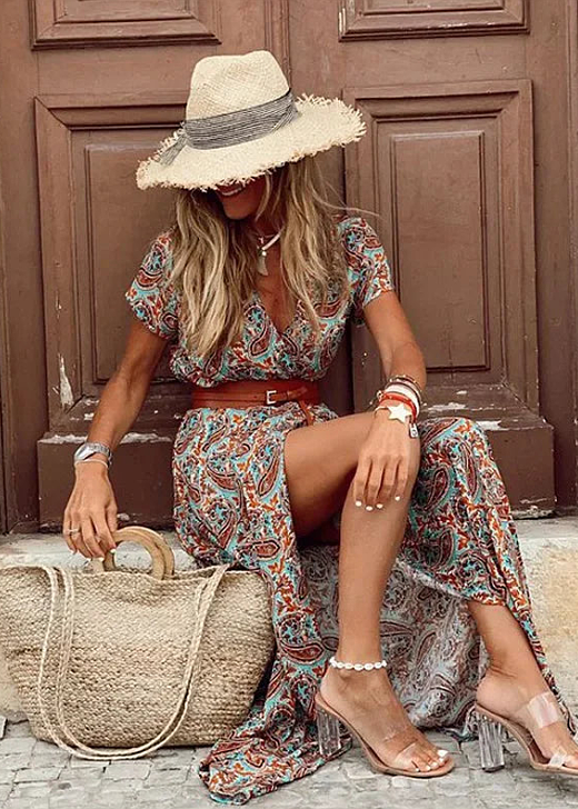VIBELARA | VESTIDO LARGO BOHEMIO CON CINTURA FRUNCIDA