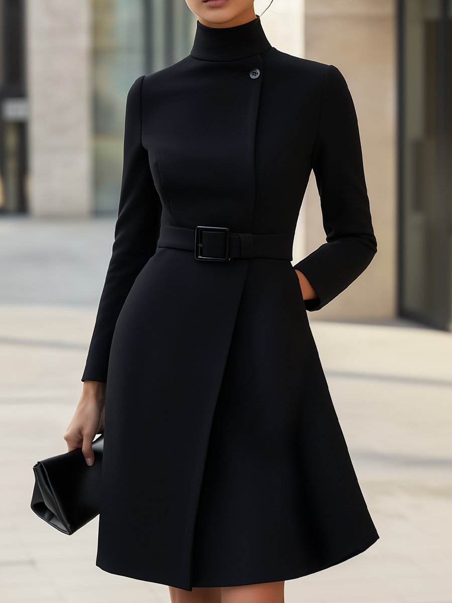 VIBELARA | VESTIDO ELEGANTE DE CUELLO ALTO Y CINTURÓN