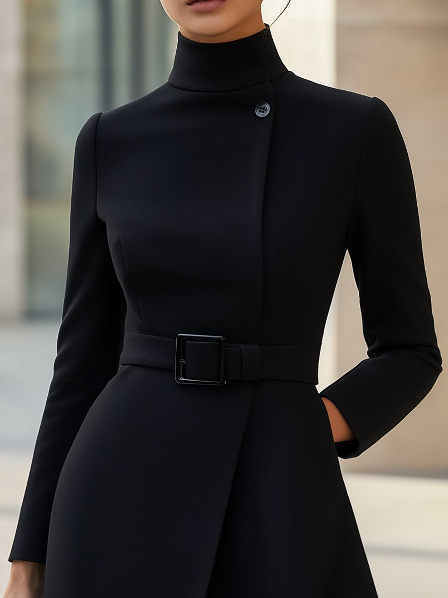 VIBELARA | VESTIDO ELEGANTE DE CUELLO ALTO Y CINTURÓN