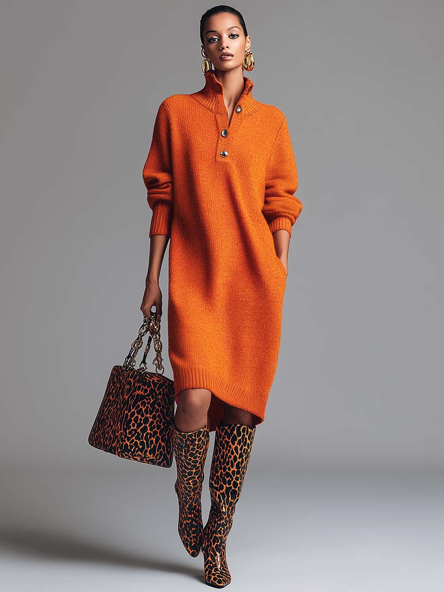 VIBELARA | VESTIDO JERSEY CON CUELLO ABOTONADO